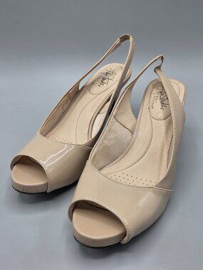 Life Stride Tannis Beige Faux Leather Slingback Open Toe Heels Size 7.5 M
